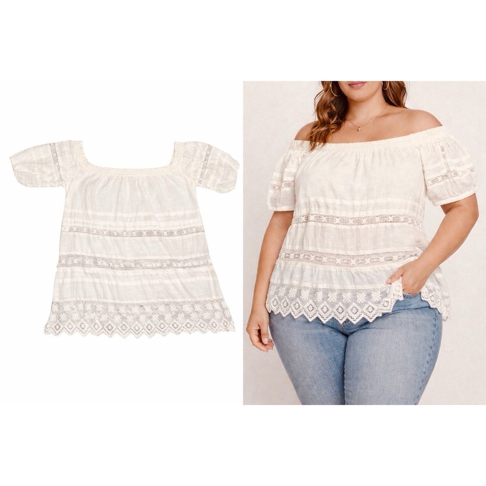 Free People Jen's Pirate Booty L Oversized 28" PTP Cream Lace Boho Off Shoulder